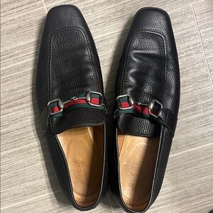 Gucci Dark Brown Leather Loafers with Red and Green Accents